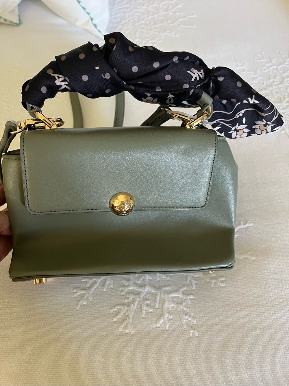 Anne Klein Olive Green Crossbody Bag with Scarf and Gold Accent